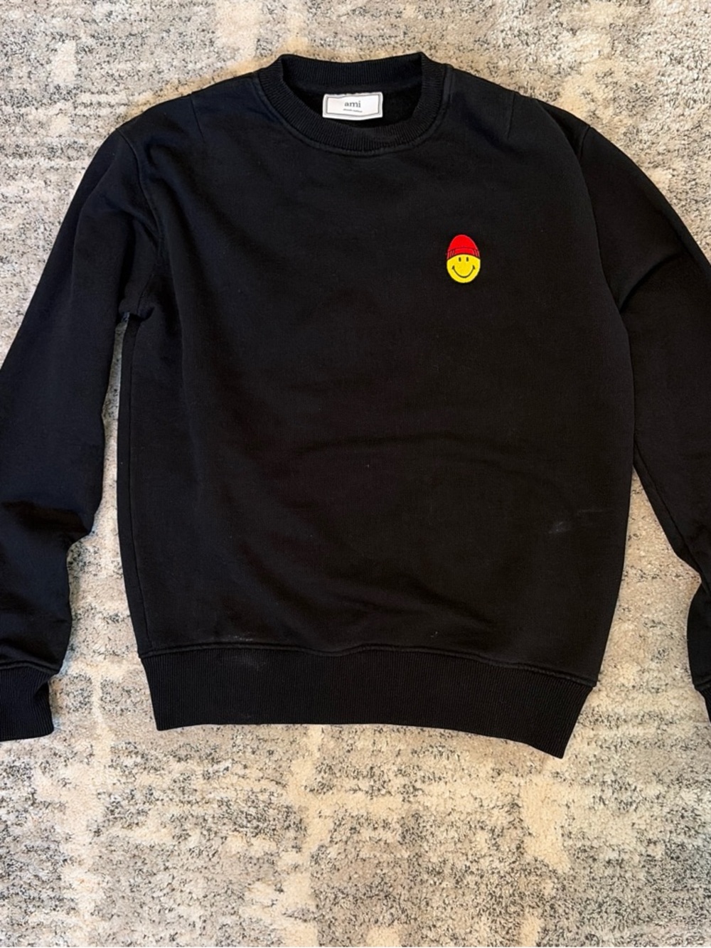 Am Black Crewneck Sweater with Red & Yellow Smiley Patch